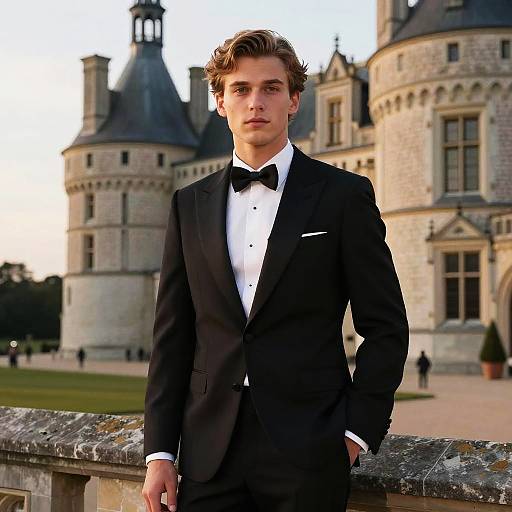 Photograph of a young Caucasian man with wavy brown hair, in a black tuxedo with bow tie, standing in front of a historic stone