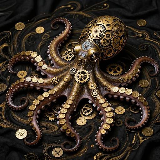 Digital artwork of a gold and brass gears-adorned octopus with coin-covered tentacles, set against a swirling black background. Steampunk style