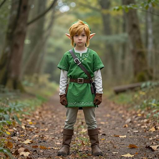 Child in Elf Costume on Forest Path
