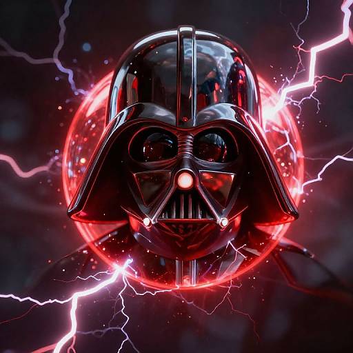 CGI digital art of Darth Vader's helmet with glowing red eyes, surrounded by a bright red circle and electric lightning bolts.