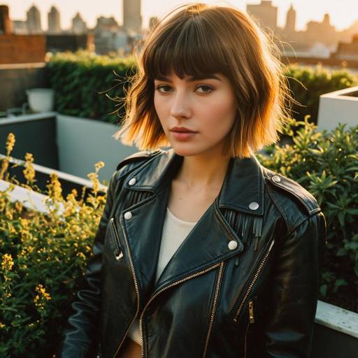 Fashion Model with Short Fringe Hairstyle on Rooftop