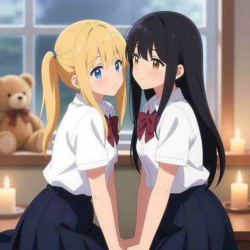 Digital anime artwork of two schoolgirls with blonde and black hair, white shirts, black skirts, and red bows, holding hands in a candlelit room