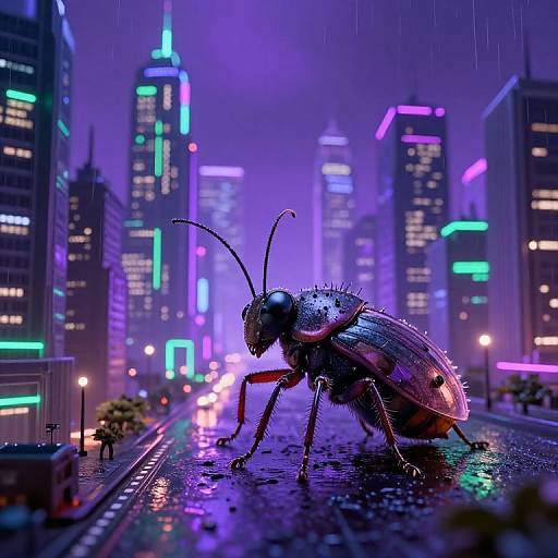 Digital artwork: A giant, detailed insect with vivid purple and blue exoskeleton stands in a neon-lit, rainy cityscape, with glowing skys