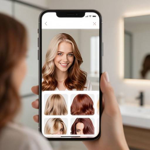 Photograph of a blonde woman smiling on smartphone screen, surrounded by five hair images in app interface, held by another person in modern, brightly lit bathroom