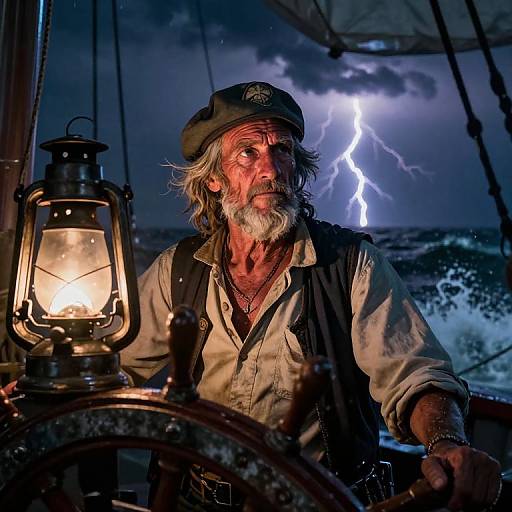 Photograph of a rugged, elderly sailor with white beard, wearing a cap and weathered shirt, holding a lantern, with dramatic lightning in stormy