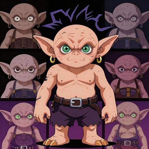 Digital illustration of a muscular, bald, green-eyed goblin with large ears, gold earrings, black pants, and a belt, surrounded by six smaller