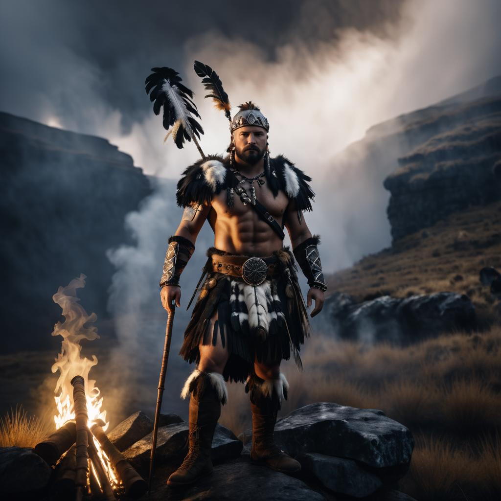 Highland Warrior in Dark Canyon Landscape