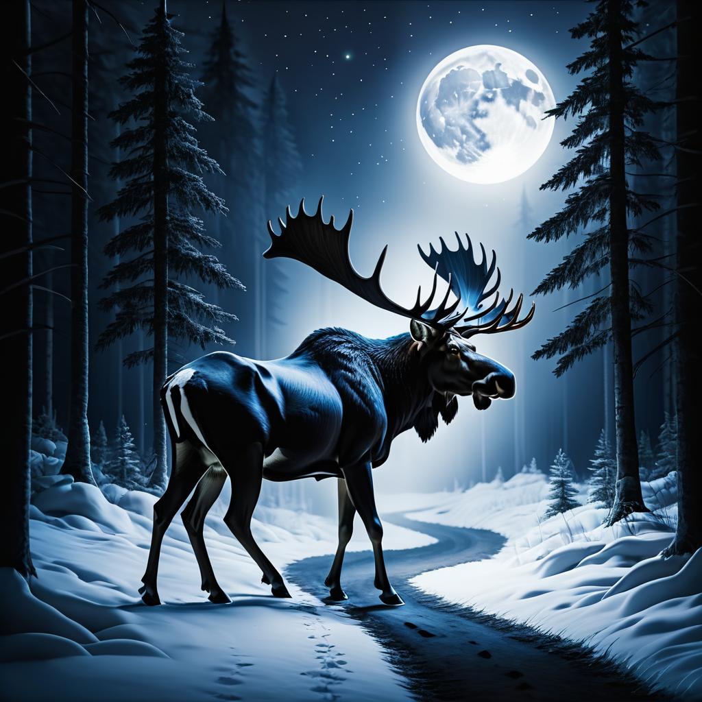 Eerie Moose at Night in the Forest