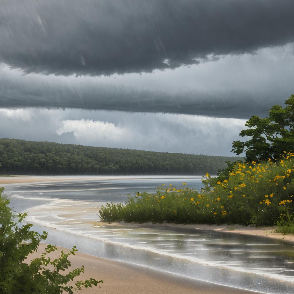 Serene Lakeshore with Gentle Summer Rain