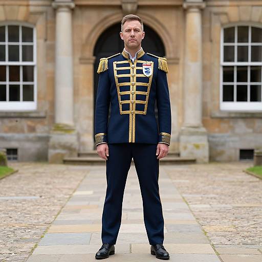 Photograph of a serious, fair-skinned man in a dark blue military-style uniform with gold epaulettes, standing on a stone path in