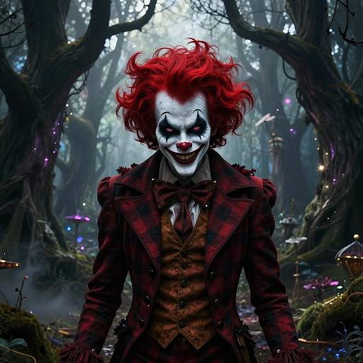 Digital artwork of a sinister clown with wild red hair, white face paint, and a red plaid suit, standing in a dark, enchanted forest illuminated