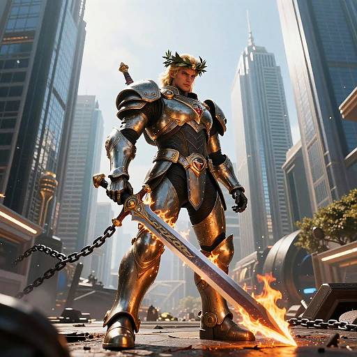 Digital CGI of a muscular, armored warrior with a golden crown, standing in a fiery cityscape, holding a flaming sword chained to his back. Tall