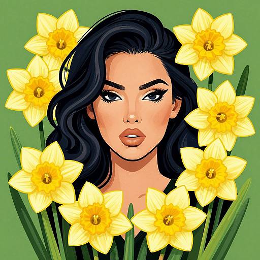 Digital illustration of a woman with long black hair, green eyes, and orange lips, surrounded by bright yellow daffodils against a green background.