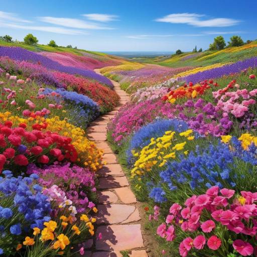 Vibrant Floral Landscape Under Blue Sky