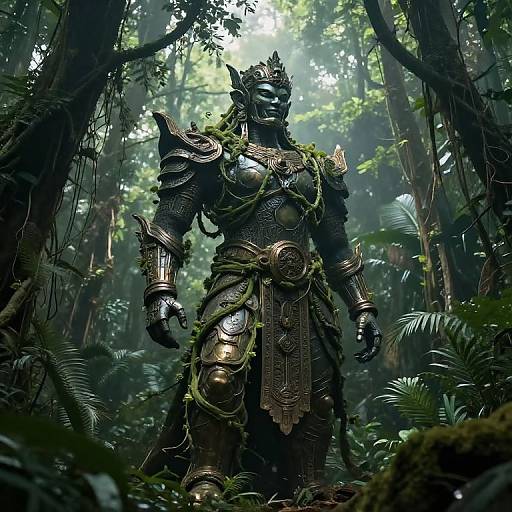 Digital artwork of a dark, armored, humanoid figure with intricate, metallic armor and vine accents standing in a dense, misty jungle.