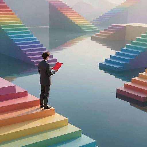 Photograph of a suited man with dark hair holding a red folder, standing on colorful, reflective steps in a futuristic, rainbow-hued, staircase-filled