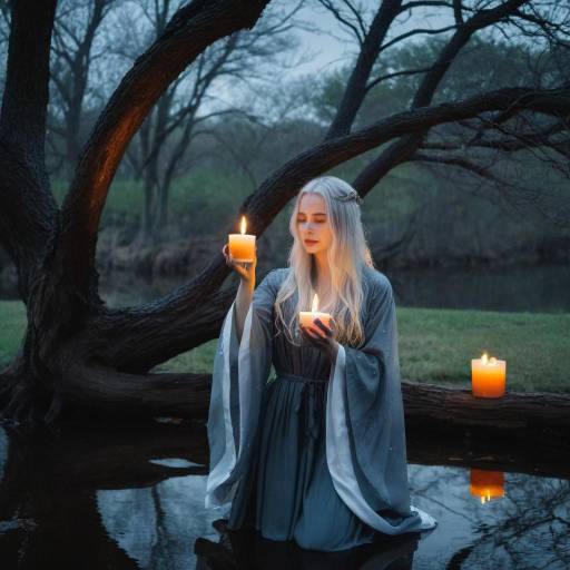 Mystical Girl with Candle by Water
