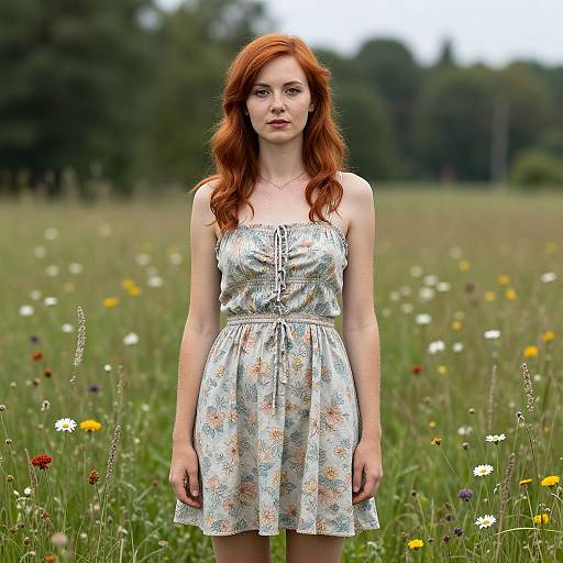 Photograph of a fair-skinned, red-haired woman with wavy hair, wearing a floral, strapless dress, standing in a colorful meadow
