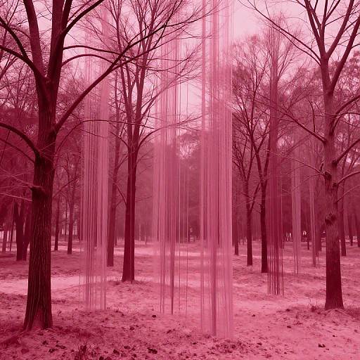 Photograph of a surreal, pink-hued forest with bare trees and vertical, pink, string-like formations hanging from branches, creating an ethereal,