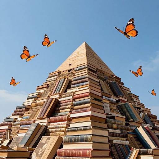 Pyramid of Books with Flying Butterflies