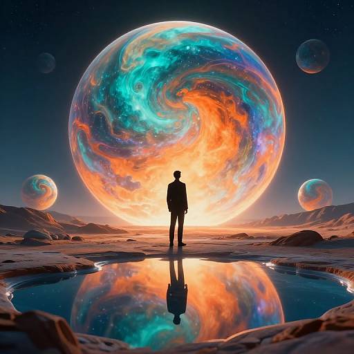 Silhouetted figure stands in reflective pool, gazing at vibrant, swirling, multicolored planet in cosmic landscape, surrounded by smaller planets.