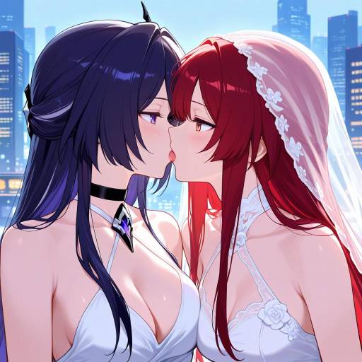 Elegant Yuri Scene in Futuristic Cityscape