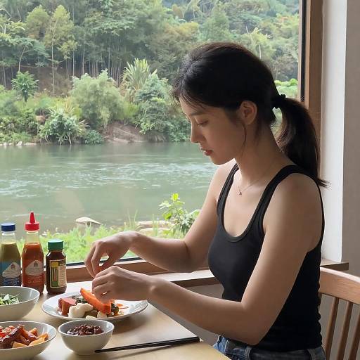 Woman Cooking by Window with River