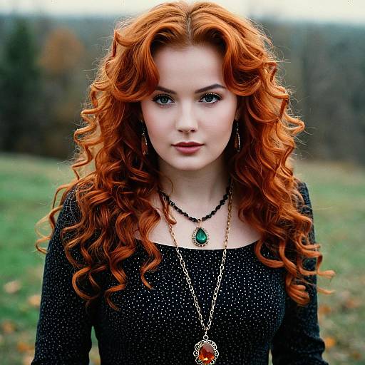 Redhead Woman with Curly Hair and Jewelry Outdoors