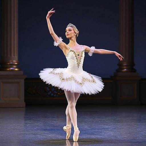 Photograph of a graceful ballet dancer in a white tutu, tiara, and pointe shoes, performing an elegant pose on stage.