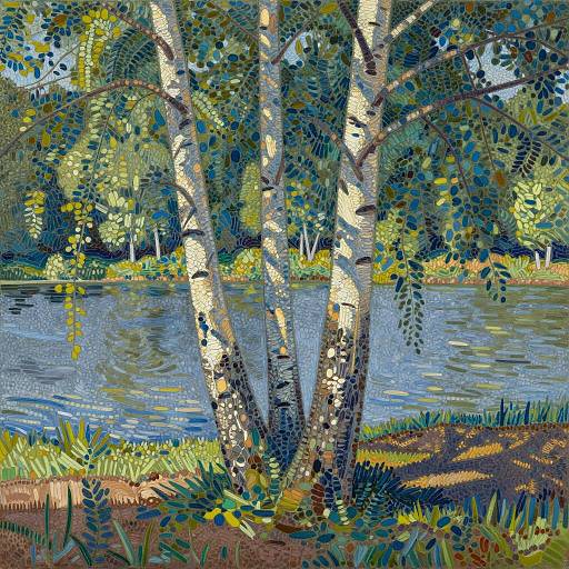 Pointillist Birch Trees by a Lake