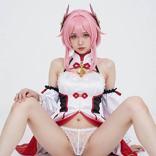 Cosplay Woman in White Lace Outfit