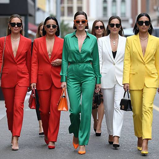 Photograph of five stylish women walking on a city street, each wearing bold, colorful suits—red, green, white, yellow—sunglasses