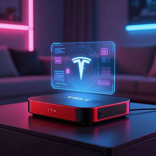 Photograph of a futuristic, glowing TPU (Tesla Pascal Unit) device with neon blue interface on a red box, set on a black table in