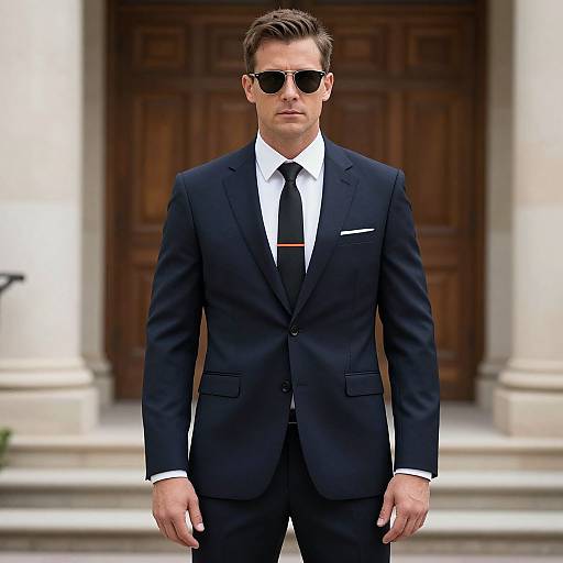 Photograph of a handsome man in a black suit, white shirt, black tie, and sunglasses, standing in front of a wooden door.