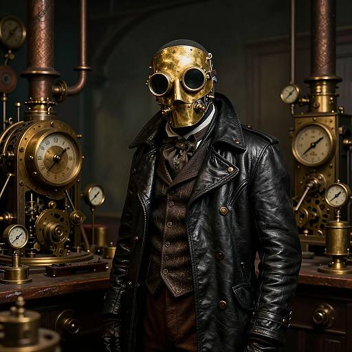 Steampunk-style photograph of a man wearing a gold gas mask, black leather jacket, and dark vest, surrounded by vintage brass machinery.