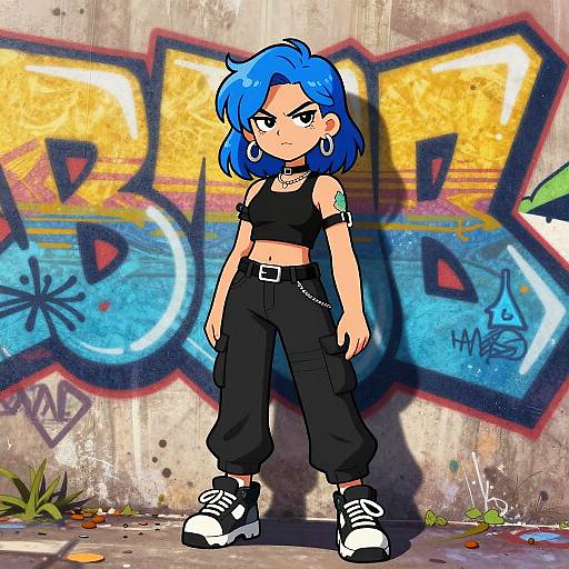 Digital drawing of a blue-haired, fierce-looking girl with black crop top, baggy pants, and white sneakers, standing against colorful graffiti wall.