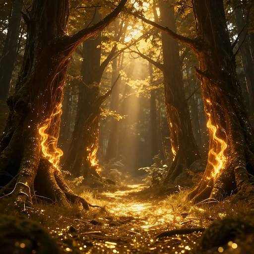 Photorealistic CGI of a mystical forest with glowing, fiery tendrils encircling a sunlit path, surrounded by tall, dark trees.