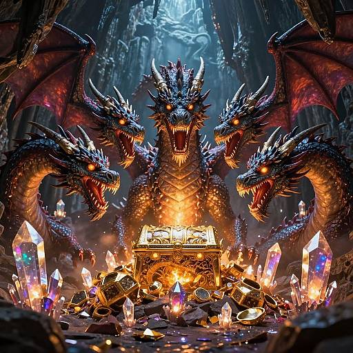 Multi-Headed Dragon Guarding Treasure