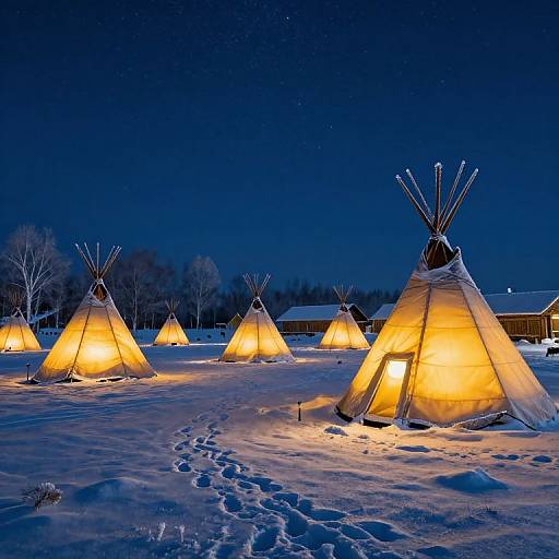 Photograph of a snowy night camp with five illuminated teepees, glowing warmly against a starry dark blue sky. Footprints lead to the teepees