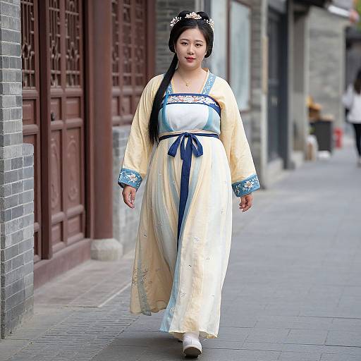 Photograph of an Asian woman in traditional Korean hanbok, walking down a narrow street with gray brick buildings, wearing a blue ribbon and floral head