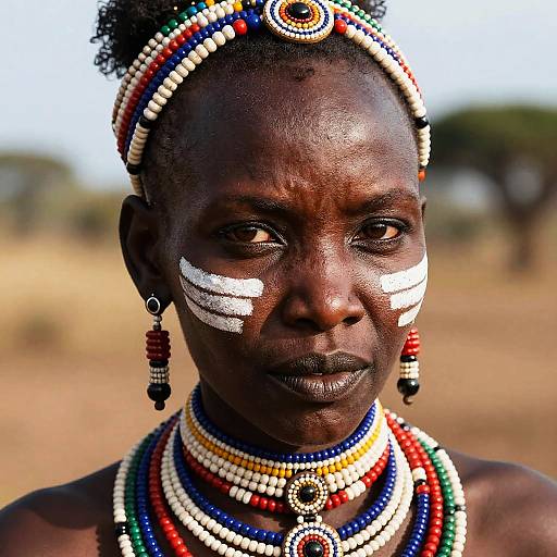 Photograph of a dark-skinned African woman with white face paint, adorned in colorful beaded jewelry, standing in a blurred savanna.