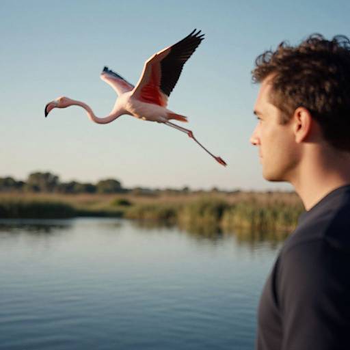 Photograph of a man in a black shirt, profile view, watching a pink flamingo flying over a calm lake at sunset.