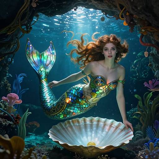 Digital art: Vibrant mermaid with flowing red hair, iridescent tail, floats above glowing seashell in colorful underwater cave.