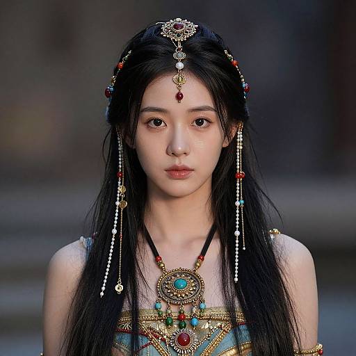 Photograph of an East Asian woman with long black hair, wearing elaborate gold and turquoise jewelry, including a headpiece and necklace, against a blurred outdoor