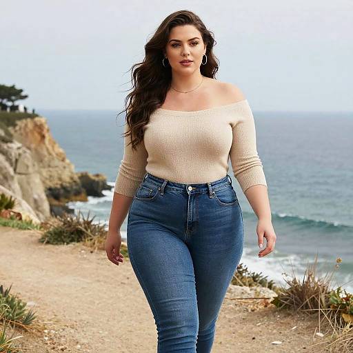 Photograph of a curvy woman with long brown hair, wearing a beige off-shoulder sweater and high-waisted blue jeans, walking on