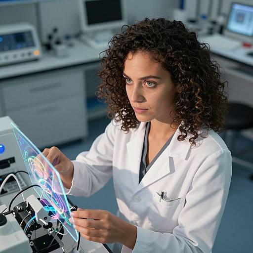 Photograph of a curly-haired woman in a white lab coat using a futuristic holographic device in a modern laboratory.