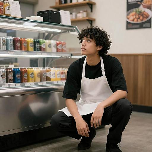 Young Male Worker Crouching by Deli Counter