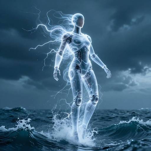 Surreal Cybernetic Suit Over Stormy Ocean