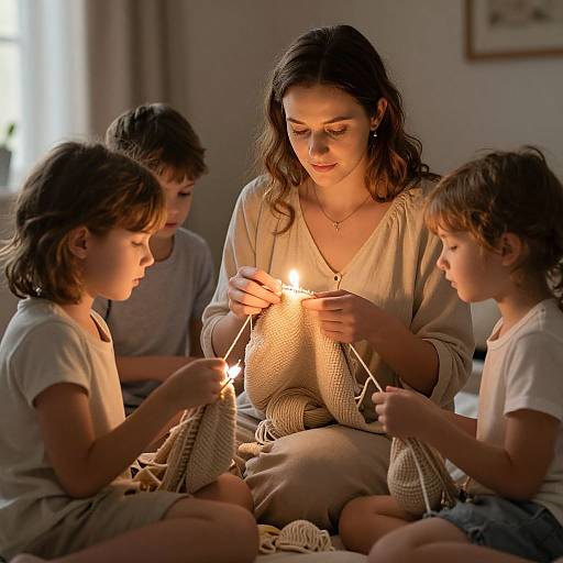 Photograph of a mother with wavy brown hair, wearing a beige blouse, lighting sparklers with three children in white shirts, sitting on a bed