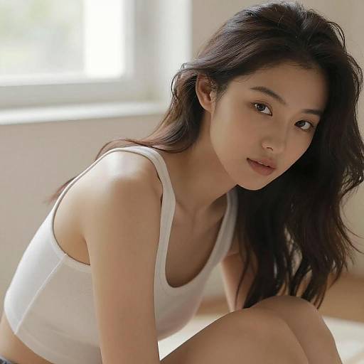 Photograph of an Asian woman with long black hair, wearing a white tank top, kneeling indoors near a bright window.